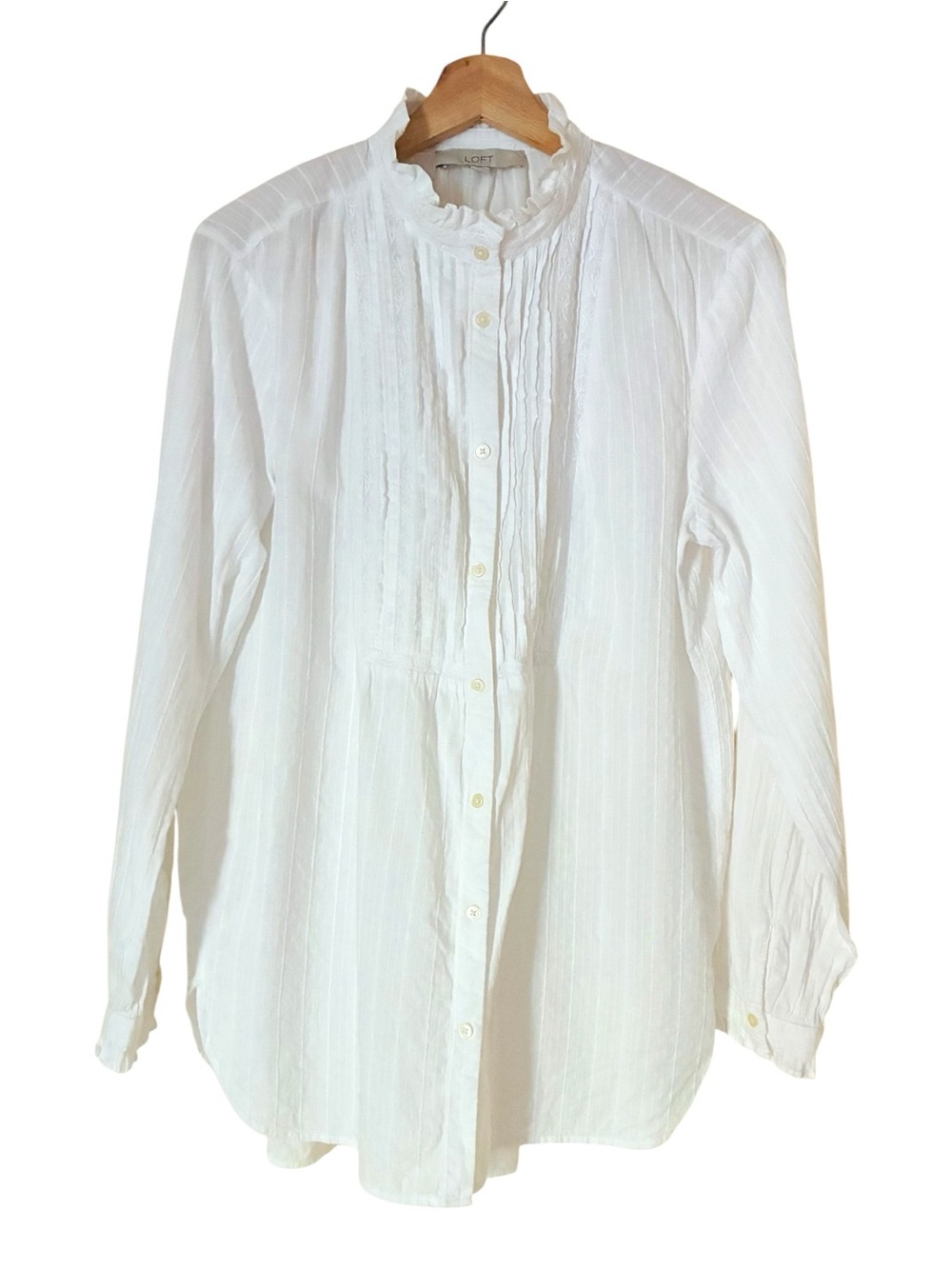Ann Taylor LOFT LARGE White Pleated Front Ruffle Collar Textured Pinstripe Top - Picture 2 of 7